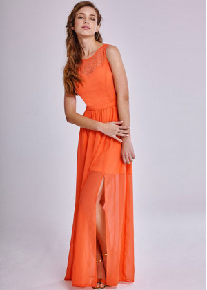 Orange Chiffon Lace Open Back Long Prom Dress